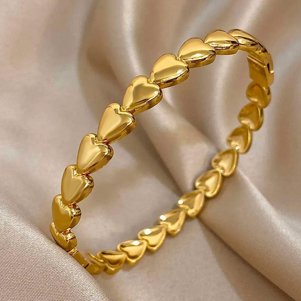 Stainless Steel Open Bangles Love Trendy Cuff Bracelets Gold Plated Simple Hearts Wrist Jewelry