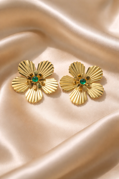 Fluted Flower Stud Earrings with Emerald Centre
