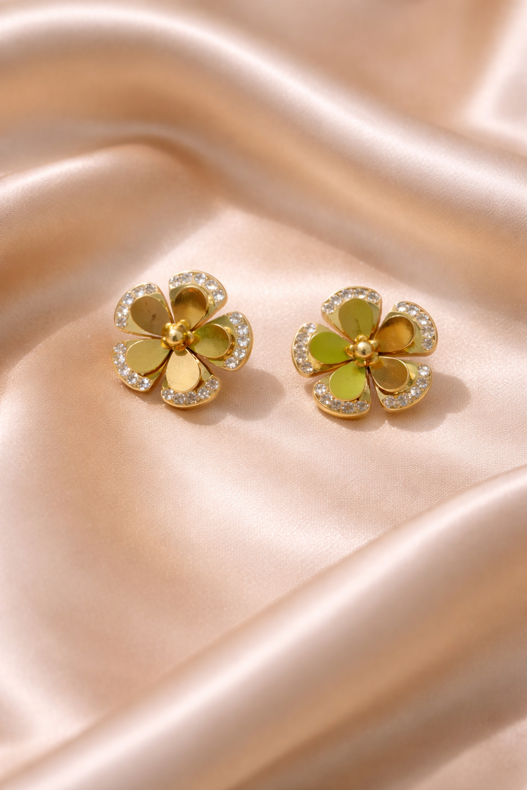 Layered Petal Flower Stud Earrings with Crystal Halo