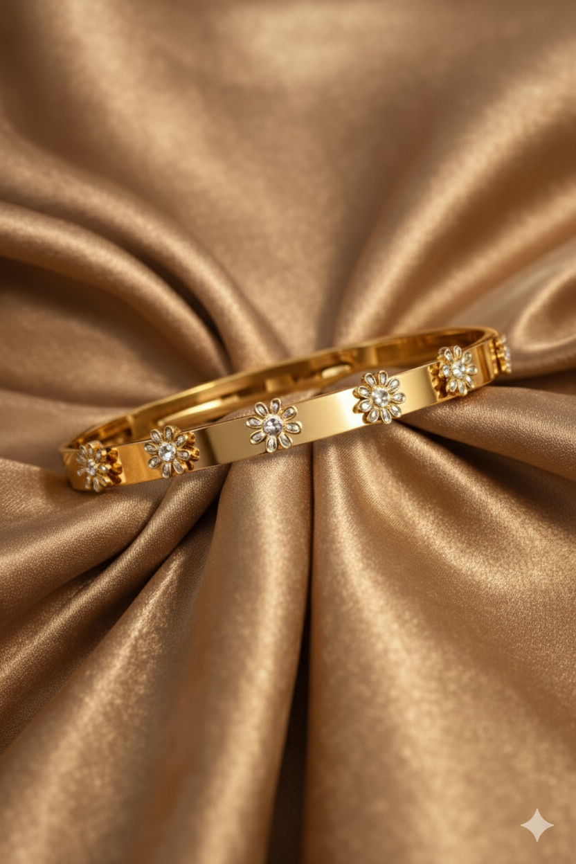 Flower Gold Plated Bracelet for Women & Girls | Crystal Studded Floral Chain Bracelet | Stylish Fashion Jewelry for Party, Wedding & Daily Wear