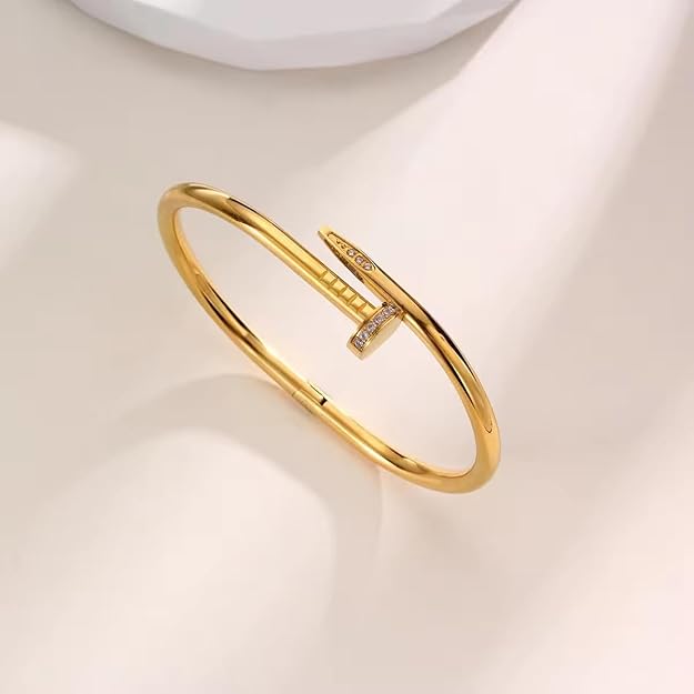 Gold Plated Nail Bangle Anti Tarnish Bracelet for Women | Trendy Adjustable Screw Nail Design with Rhinestone Accents | Modern Jewellery | Trendy Women | Cuff Bracelets | Luxury Bracelet