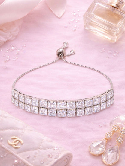 Women Adjustable Silver Rhinestone Bracelet| Jennifer Gibson Jewellery vintage deco style crystal tank track bracelet